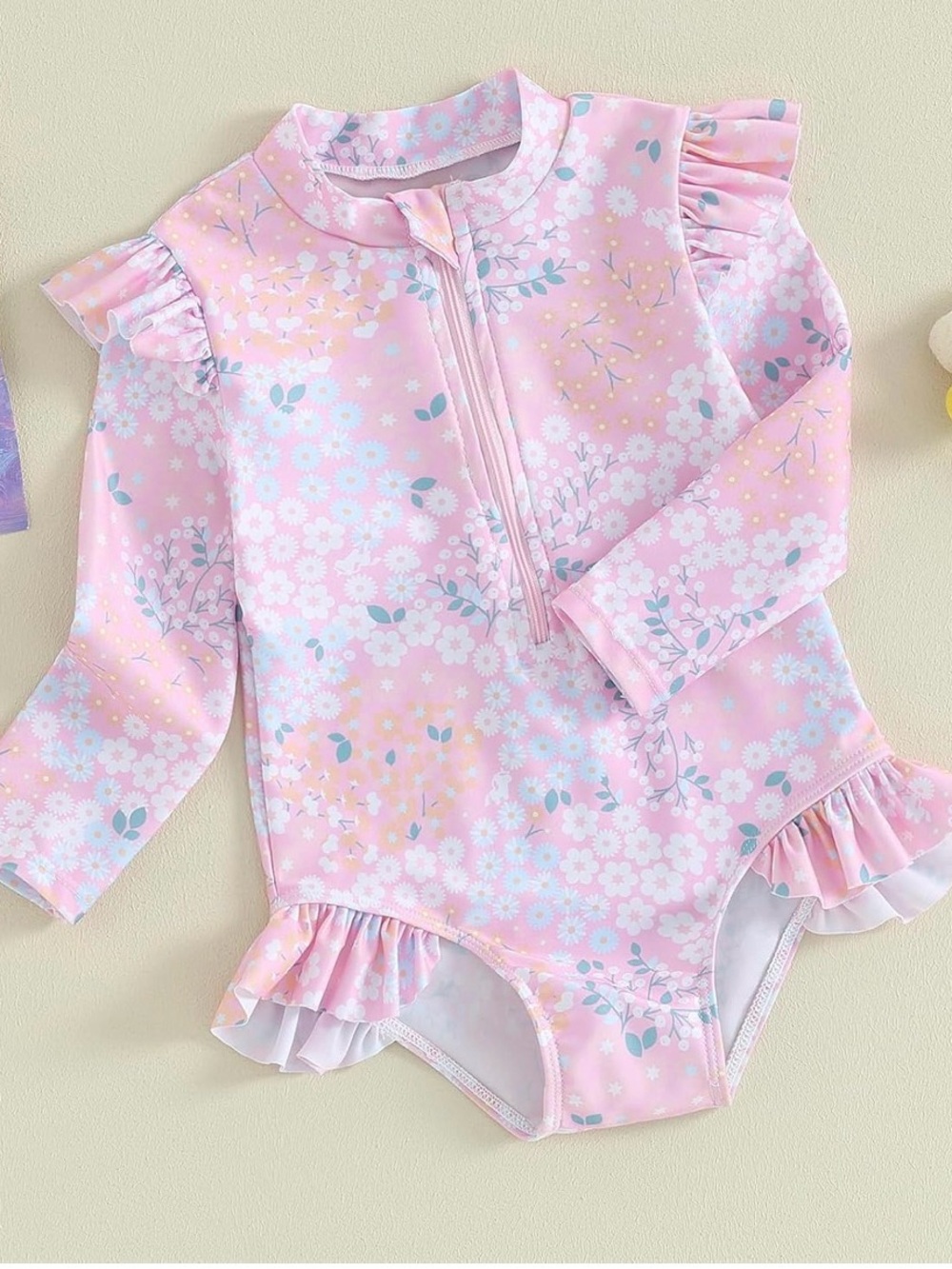 Long-Sleeve Pink Floral Ruffle Kids Swimsuit
